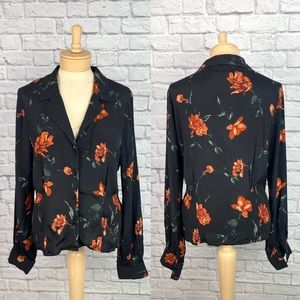 Black Floral Button-Down Shirt with Orange Blooms